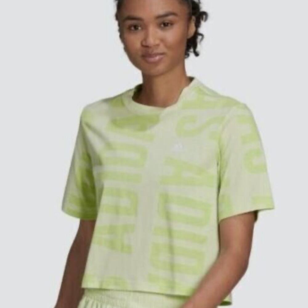 Adidas Originals Crop Tee All Over Print Oversized Lime Green Cropped Small EUC